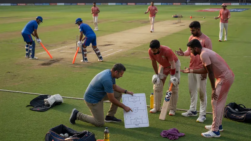 Medium tactical view of fielders and a bowler set on a dry daytime pitch with short square boundaries