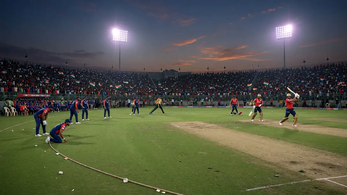 Wide afternoon view of a packed cricket stadium with the outfield and stands visible under harsh daylight