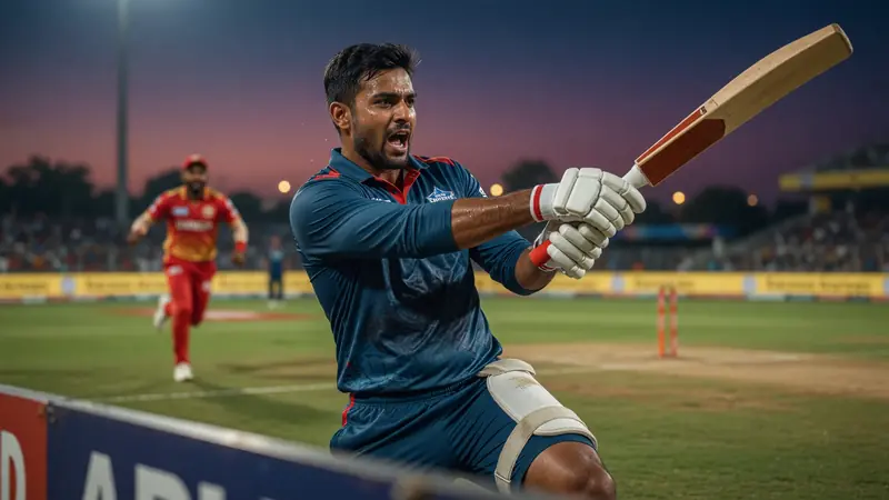 Sideline action frame of a batter swinging through a delivery during a daytime T20 match