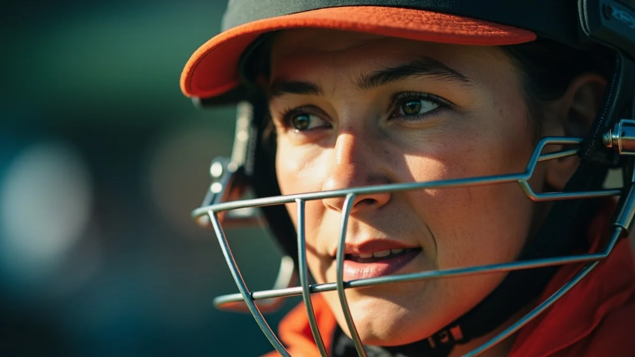 Close editorial frame of a batter mid-shot under lights with a captain’s armband visible in the foreground